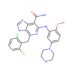 COc1ccc(N2CCNCC2)cc1Nc1nc(Cc2c(Cl)cccc2Cl)c2[nH]cnc2c1C(N)=O ZINC000200862278