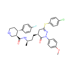 COc1ccc(N2N=C(Sc3ccc(Cl)cc3)C[C@H](CC[C@@H](C)NC(=O)[C@H]3CNCC[C@@H]3c3ccc(F)cc3)C2=O)cc1 ZINC000028397592