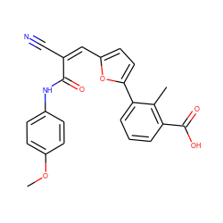 COc1ccc(NC(=O)/C(C#N)=C\c2ccc(-c3cccc(C(=O)O)c3C)o2)cc1 ZINC000004975319