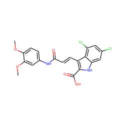 COc1ccc(NC(=O)/C=C/c2c(C(=O)O)[nH]c3cc(Cl)cc(Cl)c23)cc1OC ZINC000013761284