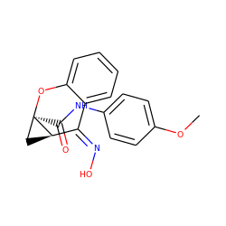 COc1ccc(NC(=O)[C@@]23C[C@@H]2/C(=N\O)c2ccccc2O3)cc1 ZINC000066258521