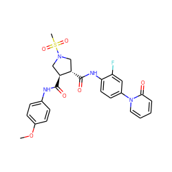 COc1ccc(NC(=O)[C@H]2CN(S(C)(=O)=O)C[C@@H]2C(=O)Nc2ccc(-n3ccccc3=O)cc2F)cc1 ZINC000058591018