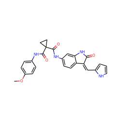 COc1ccc(NC(=O)C2(C(=O)Nc3ccc4c(c3)NC(=O)/C4=C\c3ccc[nH]3)CC2)cc1 ZINC000222502369