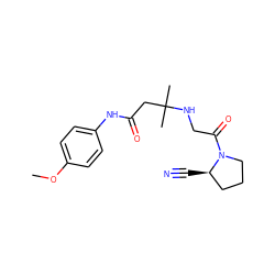 COc1ccc(NC(=O)CC(C)(C)NCC(=O)N2CCC[C@H]2C#N)cc1 ZINC000036310867