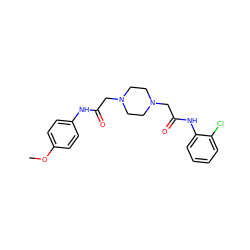 COc1ccc(NC(=O)CN2CCN(CC(=O)Nc3ccccc3Cl)CC2)cc1 ZINC000020767292