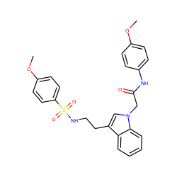 COc1ccc(NC(=O)Cn2cc(CCNS(=O)(=O)c3ccc(OC)cc3)c3ccccc32)cc1 ZINC000096938664