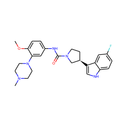 COc1ccc(NC(=O)N2CC[C@@H](c3c[nH]c4ccc(F)cc34)C2)cc1N1CCN(C)CC1 ZINC000013806216