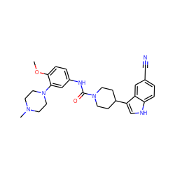 COc1ccc(NC(=O)N2CCC(c3c[nH]c4ccc(C#N)cc34)CC2)cc1N1CCN(C)CC1 ZINC000013806230