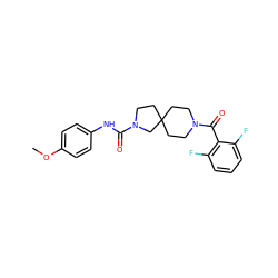 COc1ccc(NC(=O)N2CCC3(CCN(C(=O)c4c(F)cccc4F)CC3)C2)cc1 ZINC000096285165