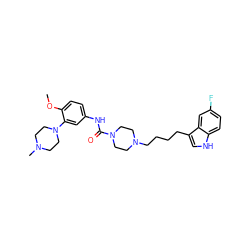 COc1ccc(NC(=O)N2CCN(CCCCc3c[nH]c4ccc(F)cc34)CC2)cc1N1CCN(C)CC1 ZINC000013806212