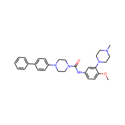 COc1ccc(NC(=O)N2CCN(c3ccc(-c4ccccc4)cc3)CC2)cc1N1CCN(C)CC1 ZINC000028524642