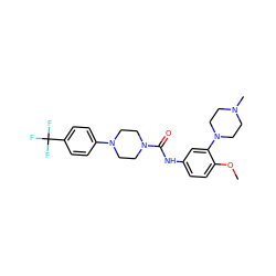 COc1ccc(NC(=O)N2CCN(c3ccc(C(F)(F)F)cc3)CC2)cc1N1CCN(C)CC1 ZINC000028524643