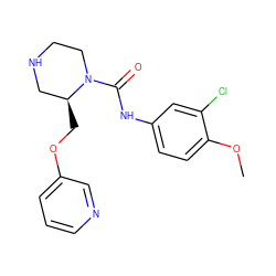 COc1ccc(NC(=O)N2CCNC[C@@H]2COc2cccnc2)cc1Cl ZINC000114574101