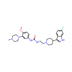 COc1ccc(NC(=O)NCCN2CCC(c3c[nH]c4cc(F)ccc34)CC2)cc1N1CCN(C)CC1 ZINC000013806224