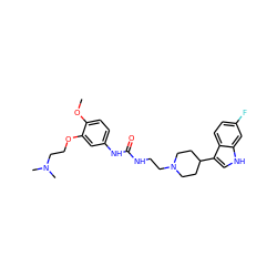 COc1ccc(NC(=O)NCCN2CCC(c3c[nH]c4cc(F)ccc34)CC2)cc1OCCN(C)C ZINC000013806260