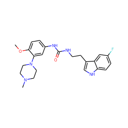 COc1ccc(NC(=O)NCCc2c[nH]c3ccc(F)cc23)cc1N1CCN(C)CC1 ZINC000013806209