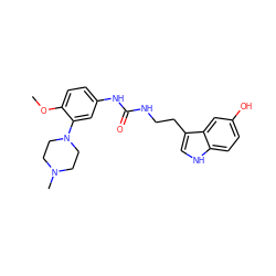 COc1ccc(NC(=O)NCCc2c[nH]c3ccc(O)cc23)cc1N1CCN(C)CC1 ZINC000013806244