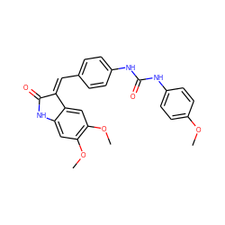 COc1ccc(NC(=O)Nc2ccc(/C=C3/C(=O)Nc4cc(OC)c(OC)cc43)cc2)cc1 ZINC000028900534