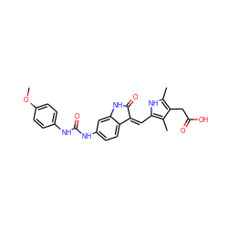 COc1ccc(NC(=O)Nc2ccc3c(c2)NC(=O)/C3=C\c2[nH]c(C)c(CC(=O)O)c2C)cc1 ZINC000053297945