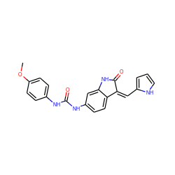 COc1ccc(NC(=O)Nc2ccc3c(c2)NC(=O)/C3=C\c2ccc[nH]2)cc1 ZINC000053230040