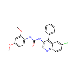 COc1ccc(NC(=O)Nc2cnc3ccc(Cl)cc3c2-c2ccccc2)c(OC)c1 ZINC000013737635