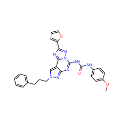 COc1ccc(NC(=O)Nc2nc3nn(CCCc4ccccc4)cc3c3nc(-c4ccco4)nn23)cc1 ZINC000003926208