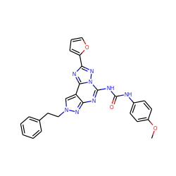 COc1ccc(NC(=O)Nc2nc3nn(CCc4ccccc4)cc3c3nc(-c4ccco4)nn23)cc1 ZINC000003926206