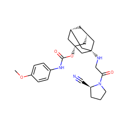 COc1ccc(NC(=O)O[C@]23C[C@H]4C[C@H](C[C@@](NCC(=O)N5CCC[C@H]5C#N)(C4)C2)C3)cc1 ZINC000103259461