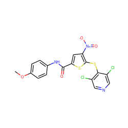 COc1ccc(NC(=O)c2cc([N+](=O)[O-])c(Sc3c(Cl)cncc3Cl)s2)cc1 ZINC000095577311