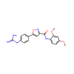 COc1ccc(NC(=O)c2cc(-c3ccc(NC(=N)N)cc3)on2)c(OC)c1 ZINC000169326468