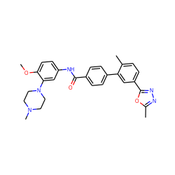 COc1ccc(NC(=O)c2ccc(-c3cc(-c4nnc(C)o4)ccc3C)cc2)cc1N1CCN(C)CC1 ZINC000003789683