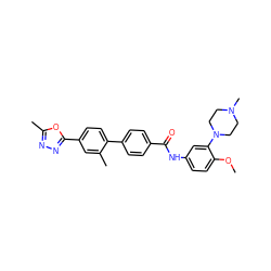 COc1ccc(NC(=O)c2ccc(-c3ccc(-c4nnc(C)o4)cc3C)cc2)cc1N1CCN(C)CC1 ZINC000000598510