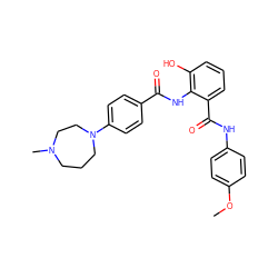 COc1ccc(NC(=O)c2cccc(O)c2NC(=O)c2ccc(N3CCCN(C)CC3)cc2)cc1 ZINC000000593024