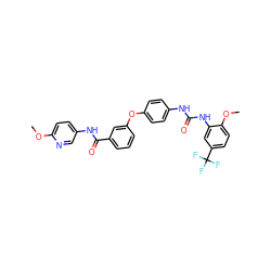 COc1ccc(NC(=O)c2cccc(Oc3ccc(NC(=O)Nc4cc(C(F)(F)F)ccc4OC)cc3)c2)cn1 ZINC000027877248