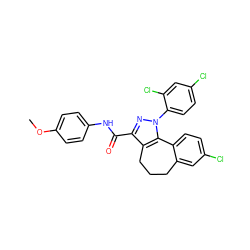 COc1ccc(NC(=O)c2nn(-c3ccc(Cl)cc3Cl)c3c2CCCc2cc(Cl)ccc2-3)cc1 ZINC000013676076