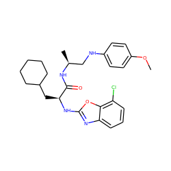 COc1ccc(NC[C@H](C)NC(=O)[C@H](CC2CCCCC2)Nc2nc3cccc(Cl)c3o2)cc1 ZINC000014971603