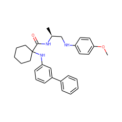 COc1ccc(NC[C@H](C)NC(=O)C2(Nc3cccc(-c4ccccc4)c3)CCCCC2)cc1 ZINC000028571371