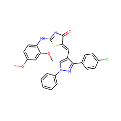 COc1ccc(NC2=NC(=O)/C(=C/c3cn(-c4ccccc4)nc3-c3ccc(Cl)cc3)S2)c(OC)c1 ZINC000096905744