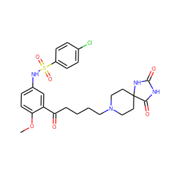 COc1ccc(NS(=O)(=O)c2ccc(Cl)cc2)cc1C(=O)CCCCN1CCC2(CC1)NC(=O)NC2=O ZINC000026580003