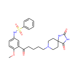 COc1ccc(NS(=O)(=O)c2ccccc2)cc1C(=O)CCCCN1CCC2(CC1)NC(=O)NC2=O ZINC000026579487