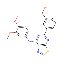 COc1ccc(Nc2nc(-c3cccc(CO)c3)nc3scnc23)cc1OC ZINC000095583814