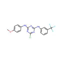 COc1ccc(Nc2nc(Cl)nc(Nc3cccc(C(F)(F)F)c3)n2)cc1 ZINC000005586847