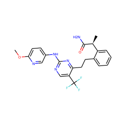 COc1ccc(Nc2ncc(C(F)(F)F)c(CCc3ccccc3[C@H](C)C(N)=O)n2)cn1 ZINC000211046064