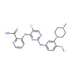 COc1ccc(Nc2ncc(Cl)c(Nc3cccnc3C(N)=O)n2)cc1N1CCN(C)CC1 ZINC000045193895