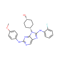 COc1ccc(Nc2ncc3nc(Nc4ccccc4F)n([C@H]4CC[C@@H](O)CC4)c3n2)cc1 ZINC000254119876