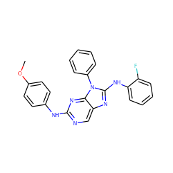 COc1ccc(Nc2ncc3nc(Nc4ccccc4F)n(-c4ccccc4)c3n2)cc1 ZINC000073198522