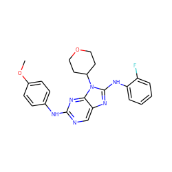 COc1ccc(Nc2ncc3nc(Nc4ccccc4F)n(C4CCOCC4)c3n2)cc1 ZINC000073197001