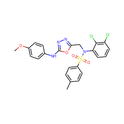 COc1ccc(Nc2nnc(CN(c3cccc(Cl)c3Cl)S(=O)(=O)c3ccc(C)cc3)o2)cc1 ZINC000028823393