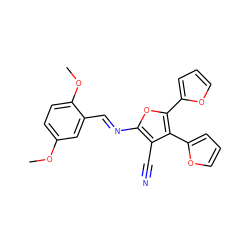 COc1ccc(OC)c(/C=N/c2oc(-c3ccco3)c(-c3ccco3)c2C#N)c1 ZINC000013116066