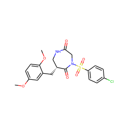 COc1ccc(OC)c(C[C@@H]2CNC(=O)CN(S(=O)(=O)c3ccc(Cl)cc3)C2=O)c1 ZINC000028894384